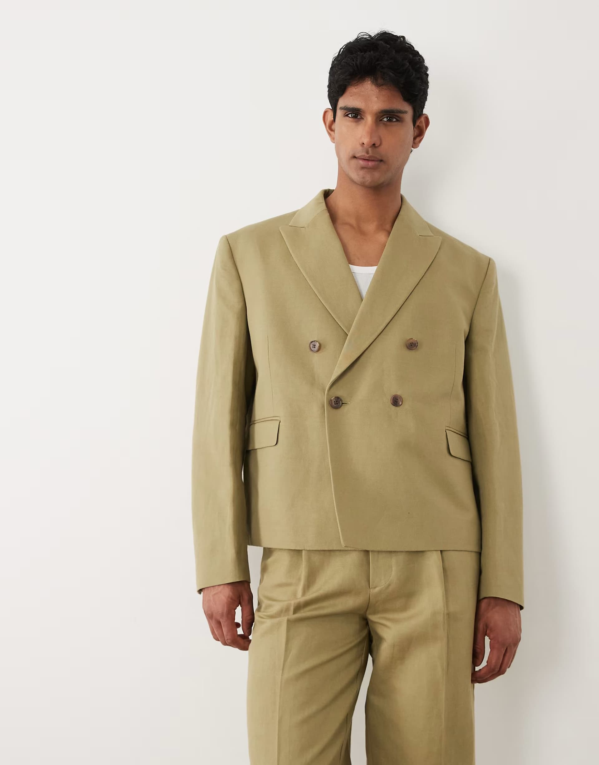 ASOS ASOS DESIGN double breasted boxy linen rich suit blazer in khaki