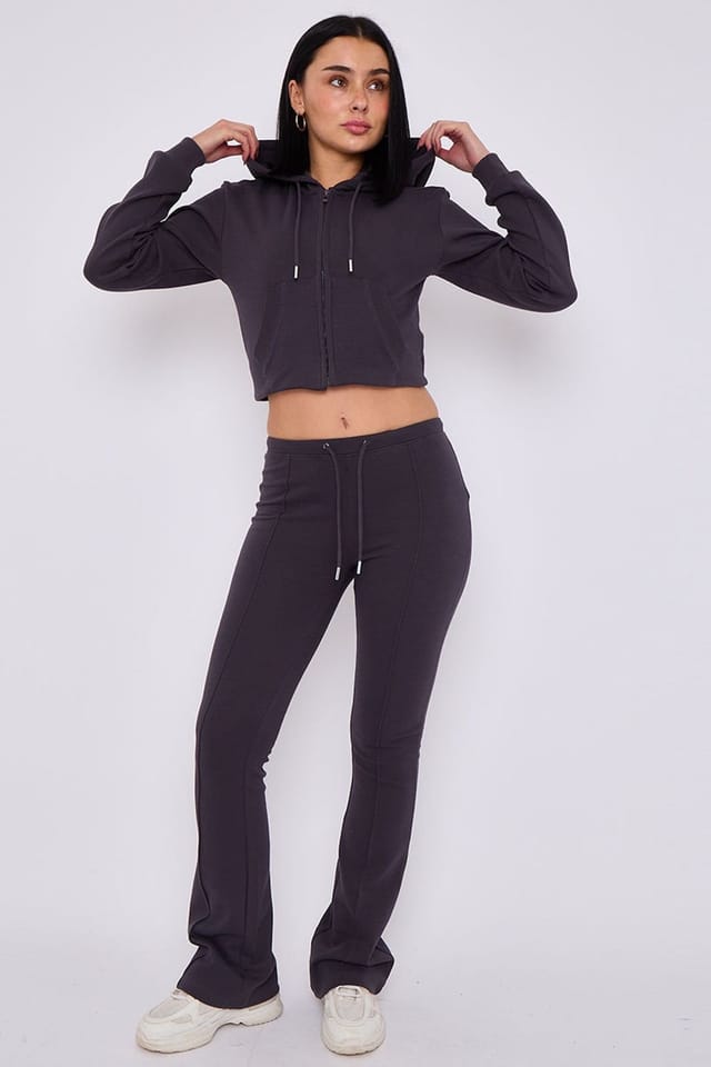 STYLEWISE STYLEWISE Women's Cropped Zip Hoodie & Flared Trouser Set - Interlock - Co-ord Set in Charcoal - 2