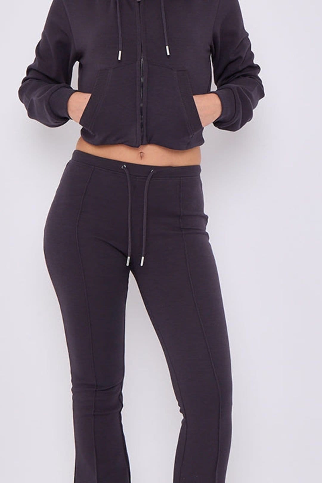 STYLEWISE STYLEWISE Women's Cropped Zip Hoodie & Flared Trouser Set - Interlock - Co-ord Set in Charcoal - 4