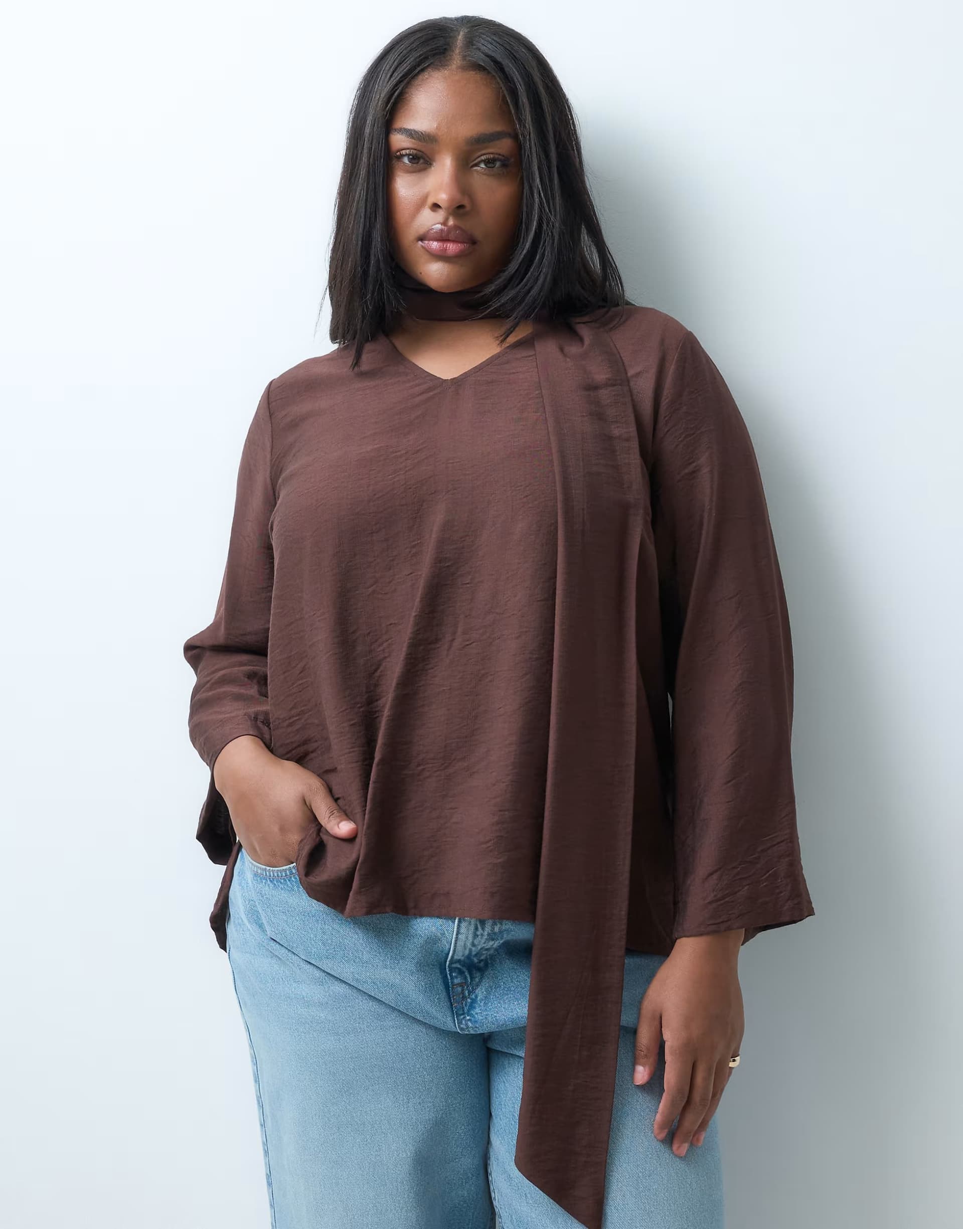 ASOS ONLY Curve long sleeve v neck top with wrap around scarf in chocolate