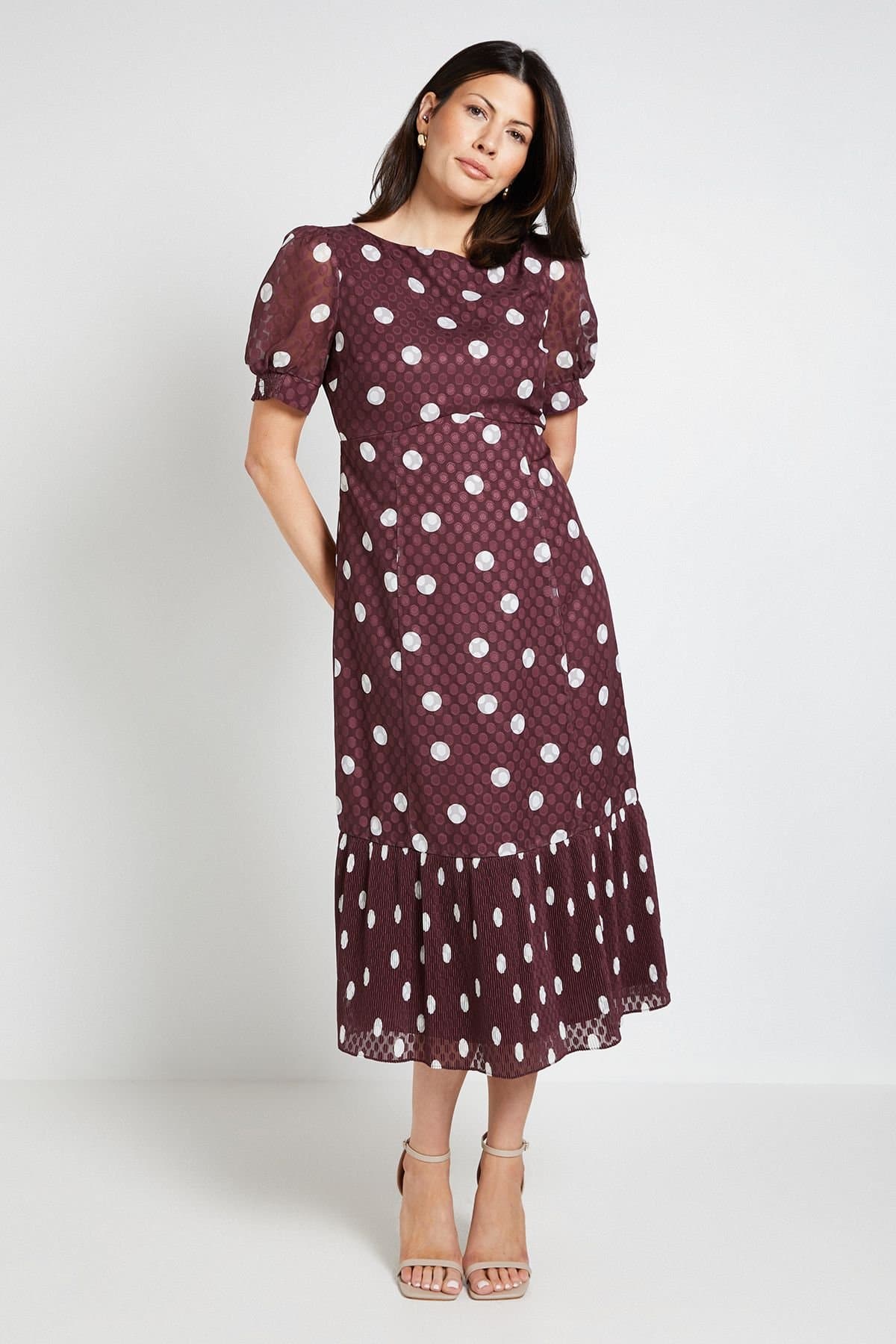 Wallis Wallis Women's Polka Dot Pleated Hem Midi Dress in Chocolate