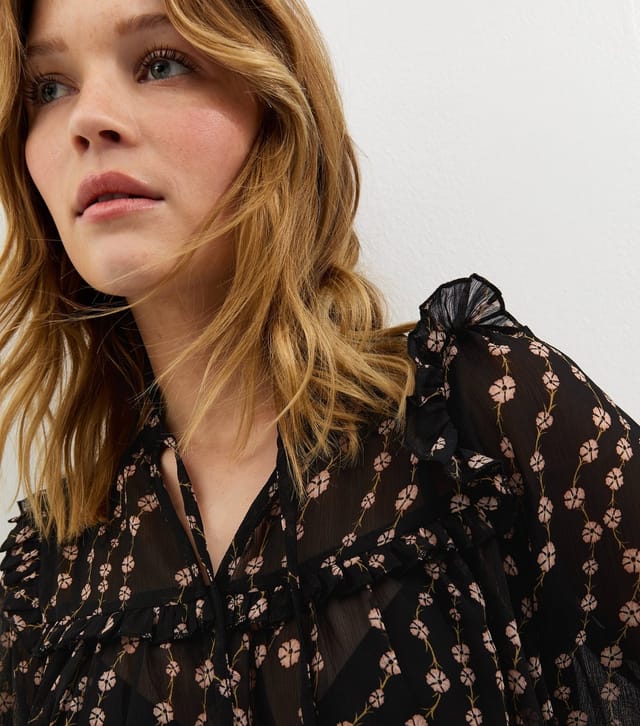 New Look Women's Black Semi Sheer Floral Print Ruffle Bib Blouse New Look - 2