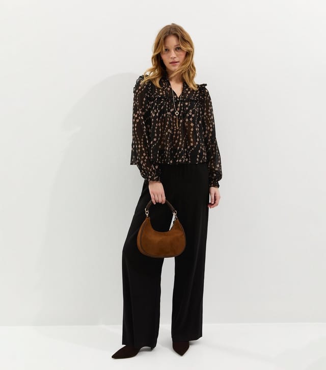 New Look Women's Black Semi Sheer Floral Print Ruffle Bib Blouse New Look - 3