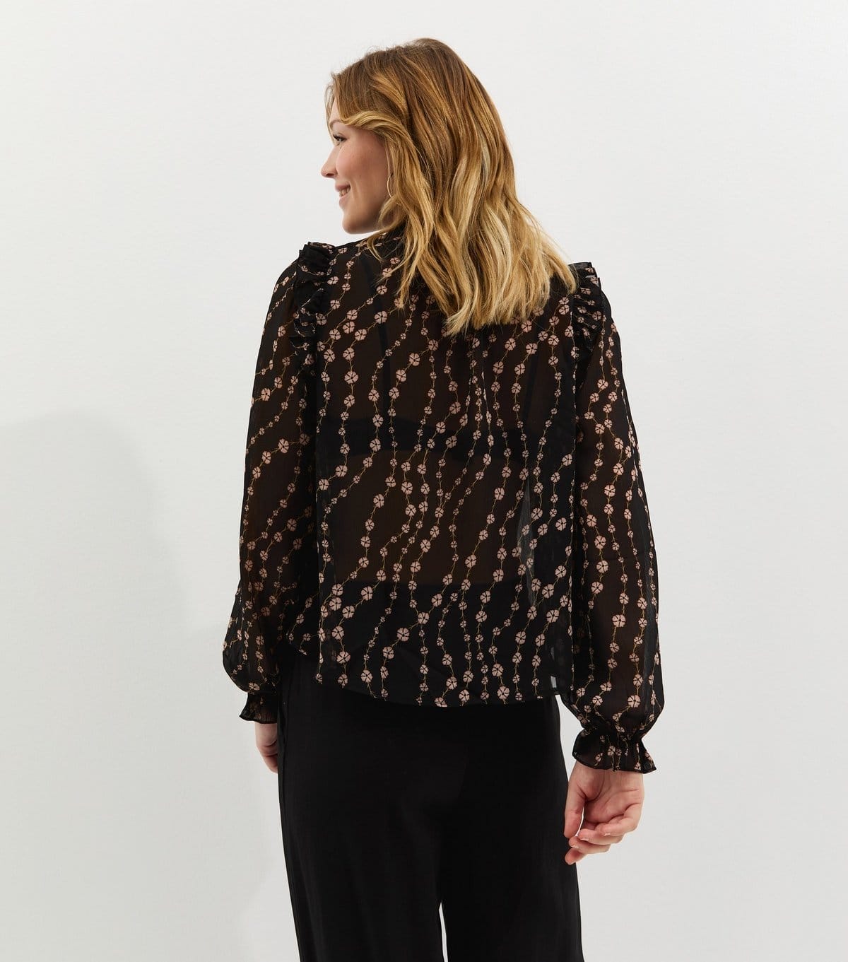 New Look Women's Black Semi Sheer Floral Print Ruffle Bib Blouse New Look - 4