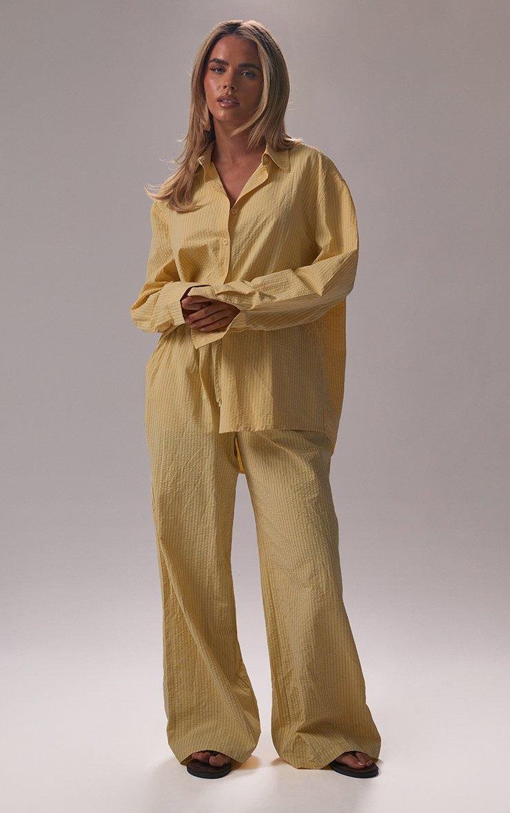 EGO Long Sleeve Oversized Poplin Shirt In Lemon Stripe Crinkle, Women's Size UK 6 - 2