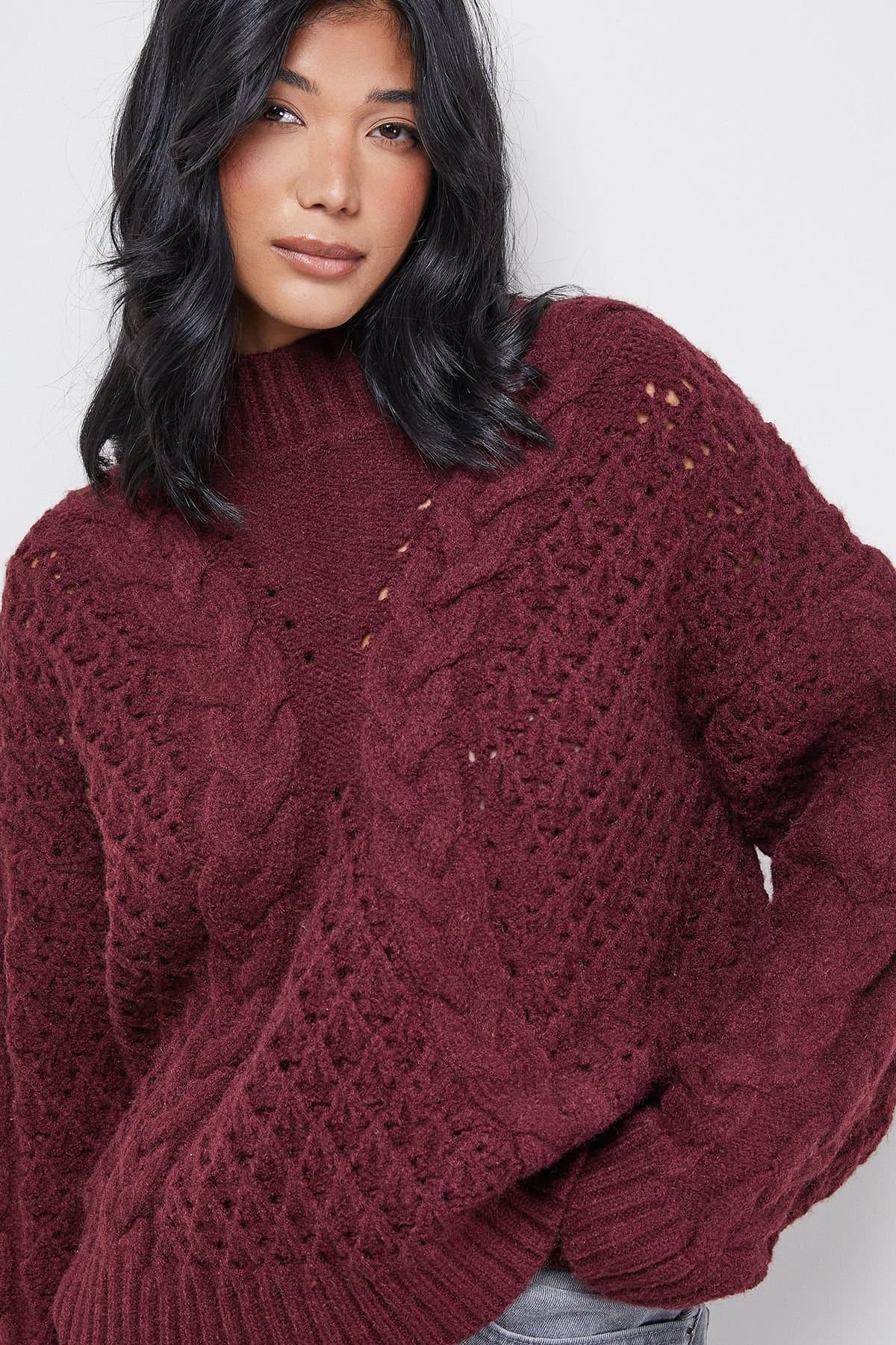 Warehouse Warehouse Women's Chunky Cable Knit Roll Neck Jumper in Dark Red