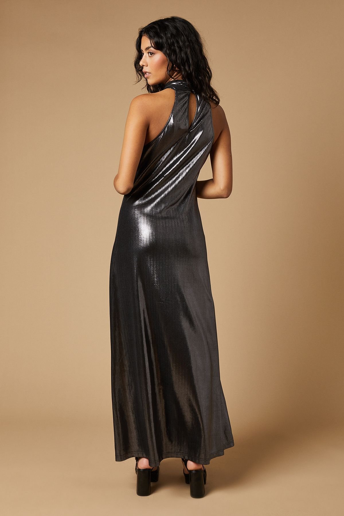 Oasis Oasis Women's Petite Occasion Metallic Twist Neck Midaxi Dress in Pewter - 3