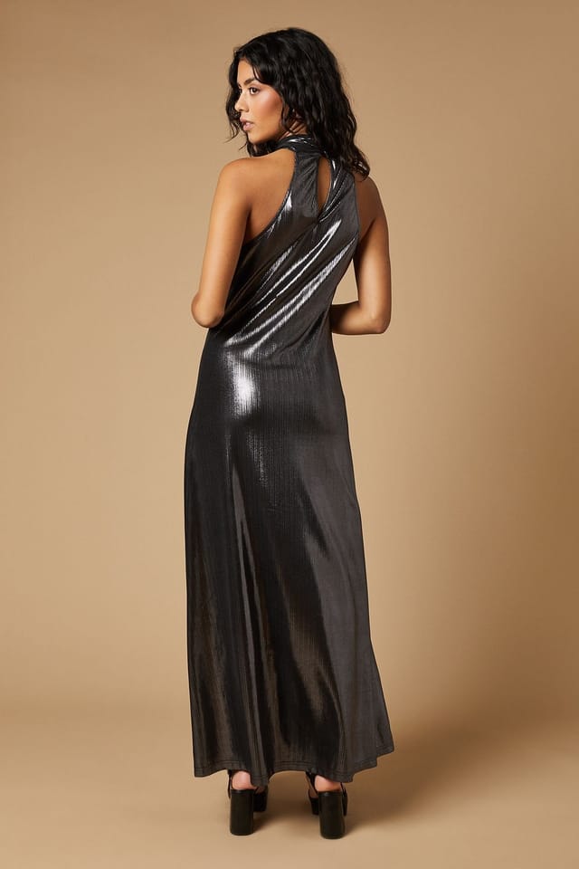 Oasis Oasis Women's Petite Occasion Metallic Twist Neck Midaxi Dress in Pewter - 3