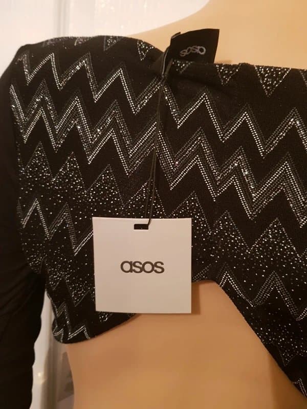 ASOS New ASOS Black Silver Metalic Chevron Bodycon Dress Size 8Uk Cut out