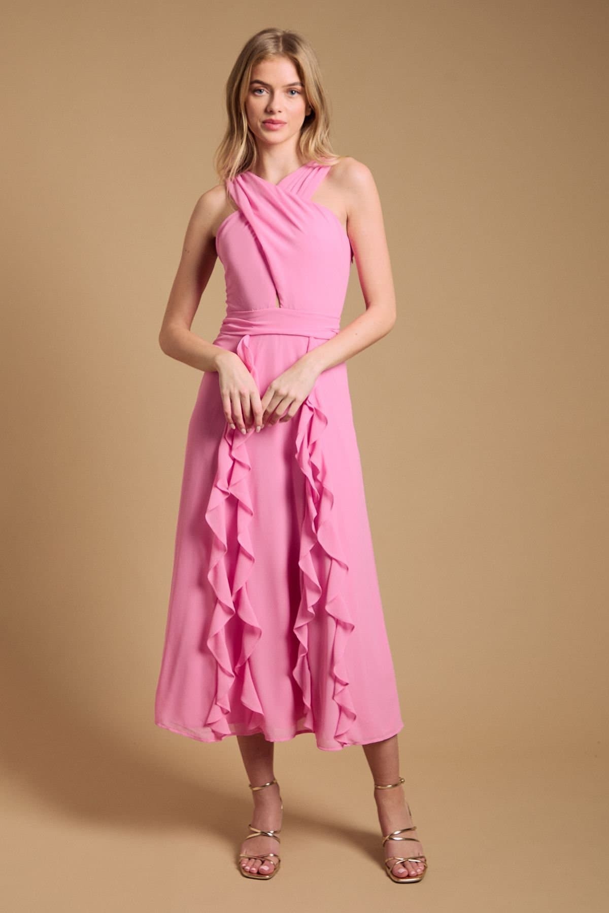Oasis Oasis Women's Halter Neck Ruffle Maxi Dress in Pink