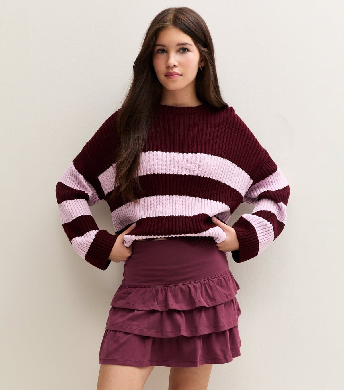 New Look Girls' Burgundy Jersey Tiered Rara Skort New Look