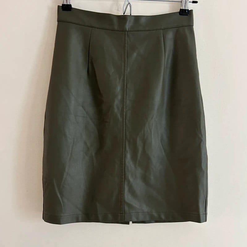 Noisy May 💚 Noisy May Khaki Green Faux Leather Mini Skirt XS High Waist PU Pencil Skirt - 1