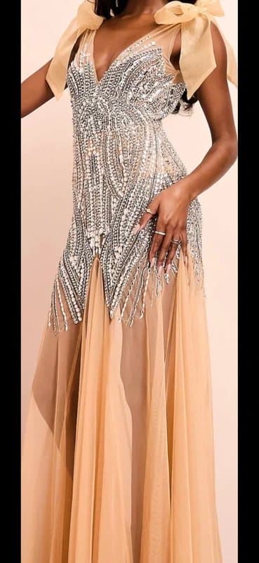 ASOS ASOS Luxe V Neck Gemstone Embellished Mesh Maxi Dress size 14 Nude/Blush