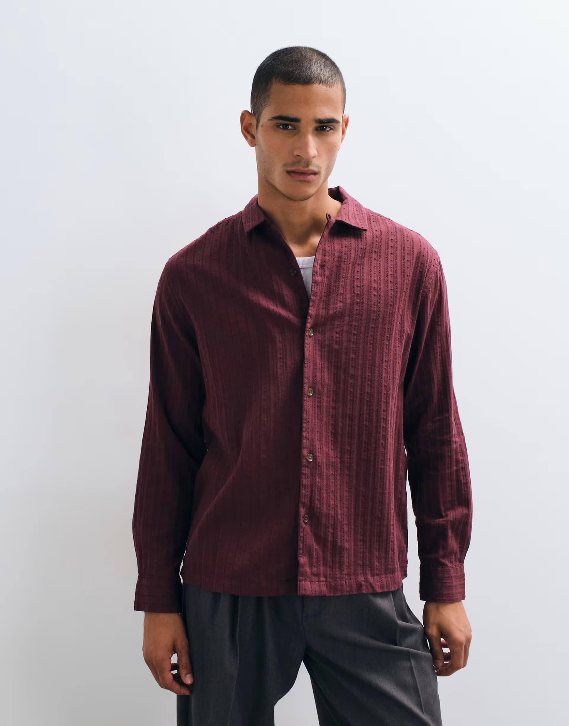 ASOS ASOS DESIGN relaxed revere textured shirt in burgundy
