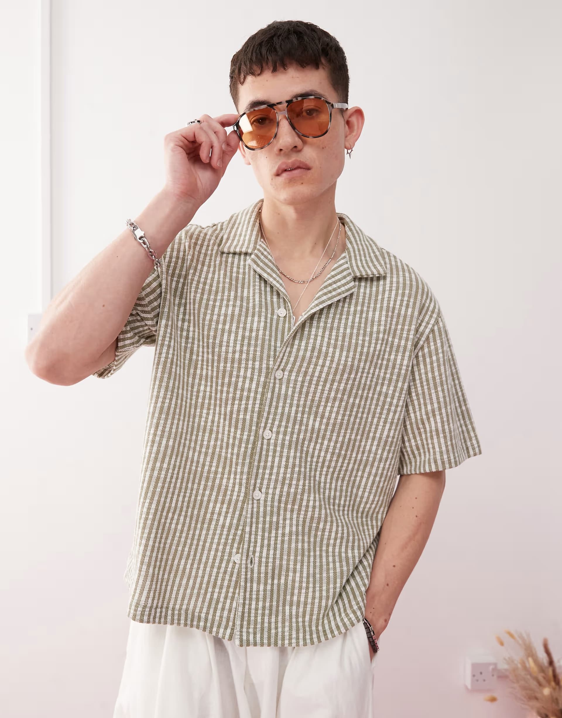 ASOS Weekday resort shirt in khaki and off-white stripe