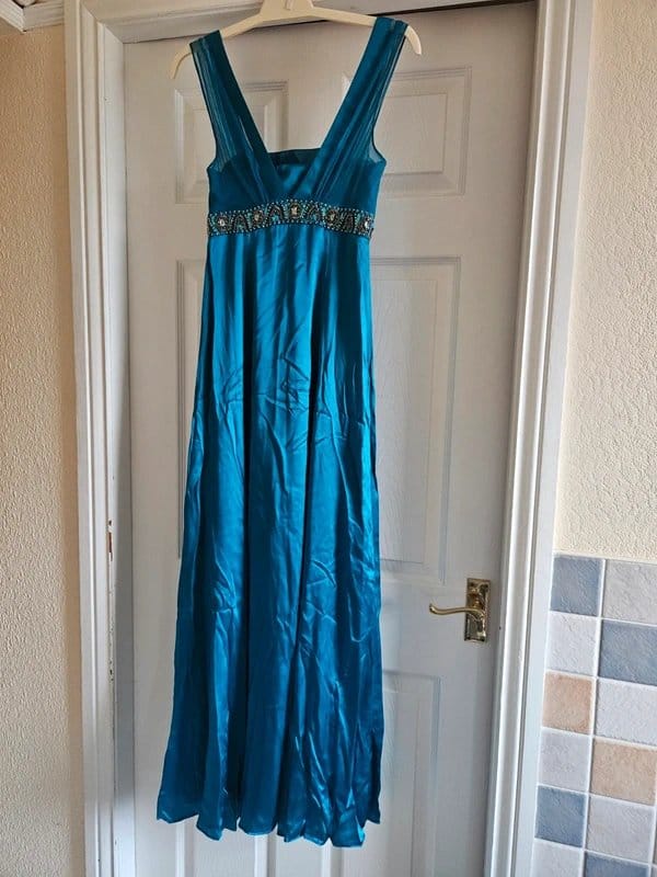 Monsoon Teal/Turquoise Silk Empire Maxi Evening Dress Size 8