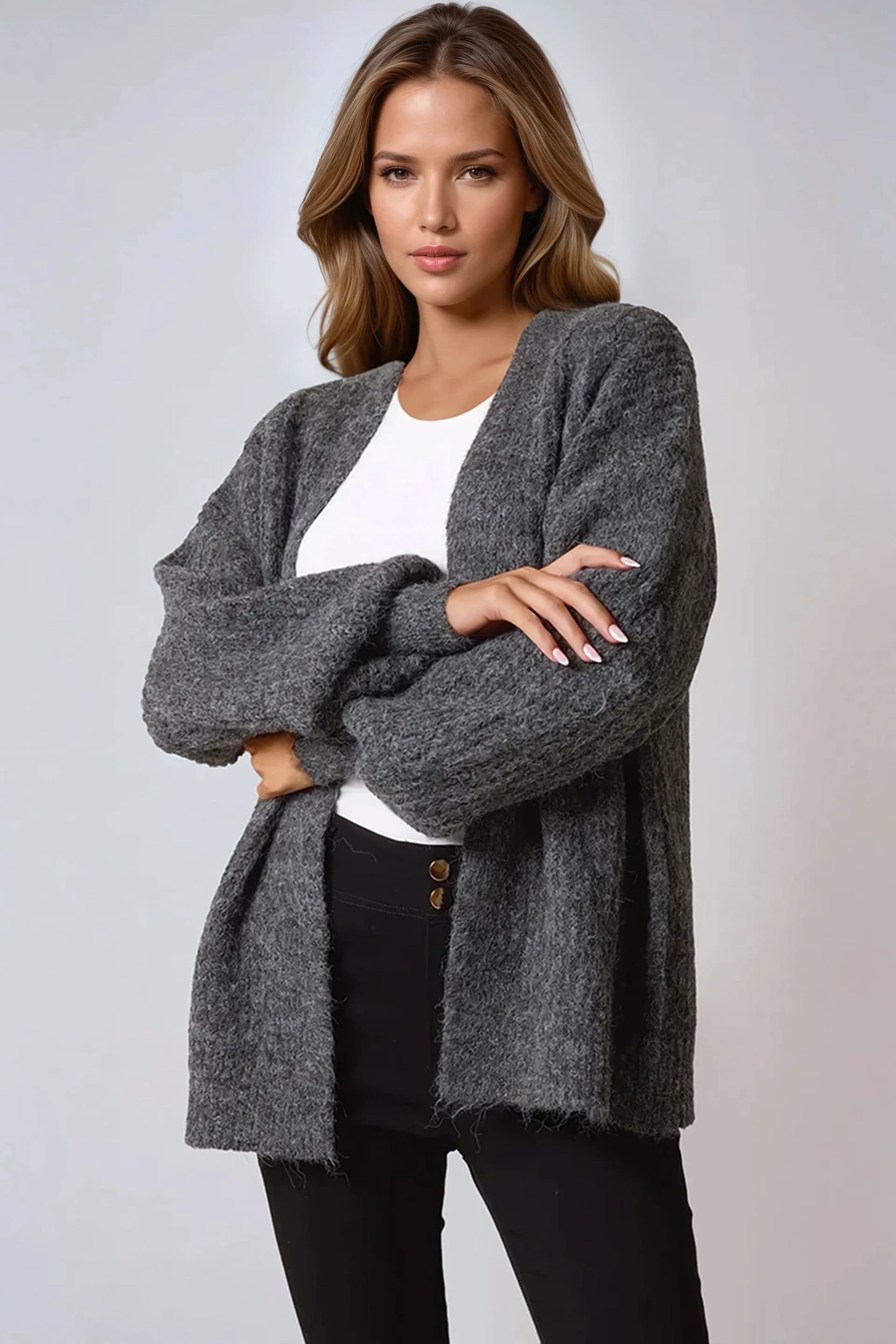 Aftershock London Aftershock London Women's Wool Blend Balloon Sleeve Knitted Cardigan in Charcoal