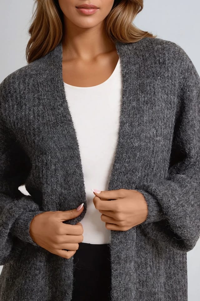 Aftershock London Aftershock London Women's Wool Blend Balloon Sleeve Knitted Cardigan in Charcoal - 2