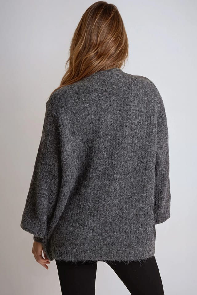 Aftershock London Aftershock London Women's Wool Blend Balloon Sleeve Knitted Cardigan in Charcoal - 3