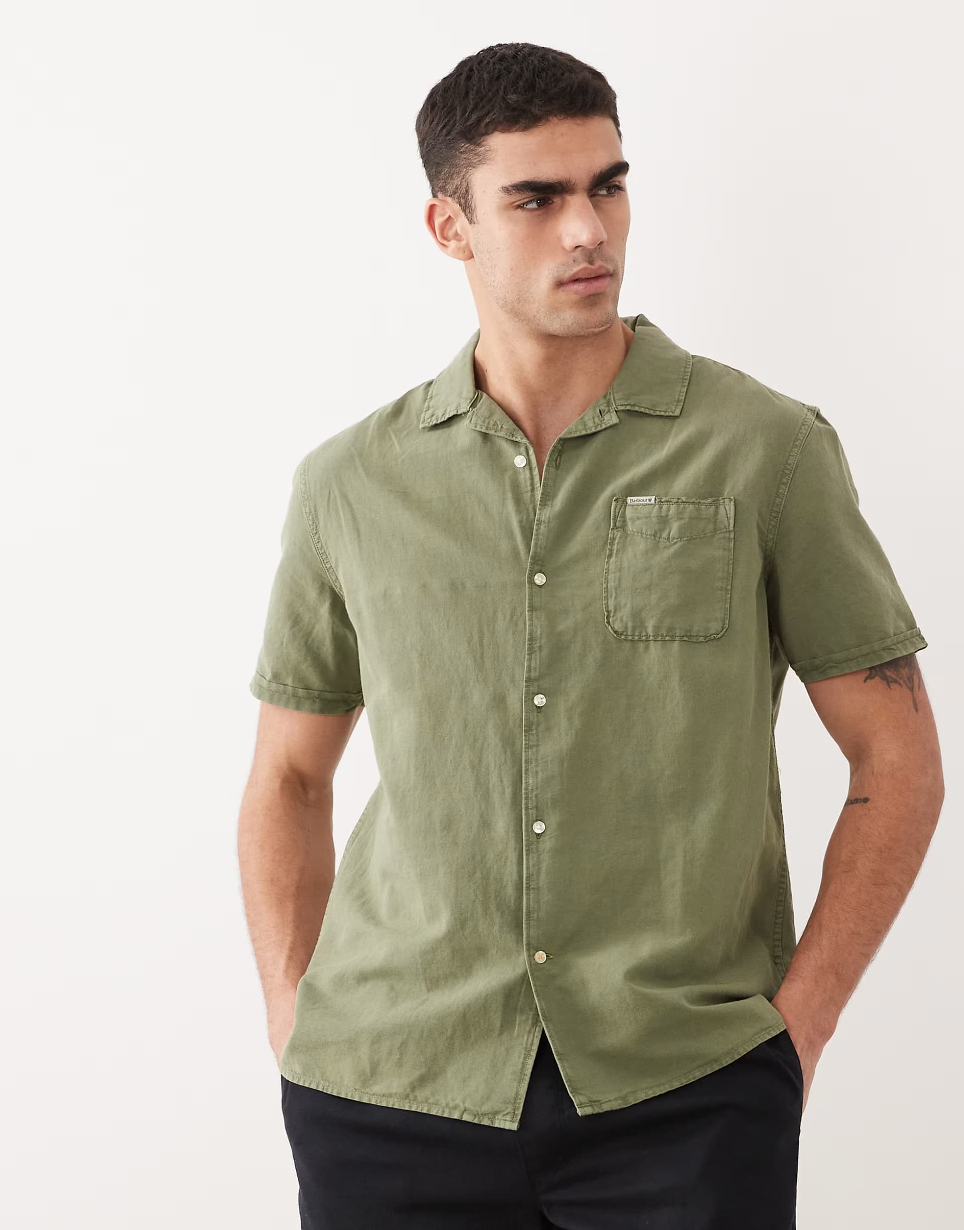 ASOS Barbour Landkey short sleeve overdyed logo shirt in khaki
