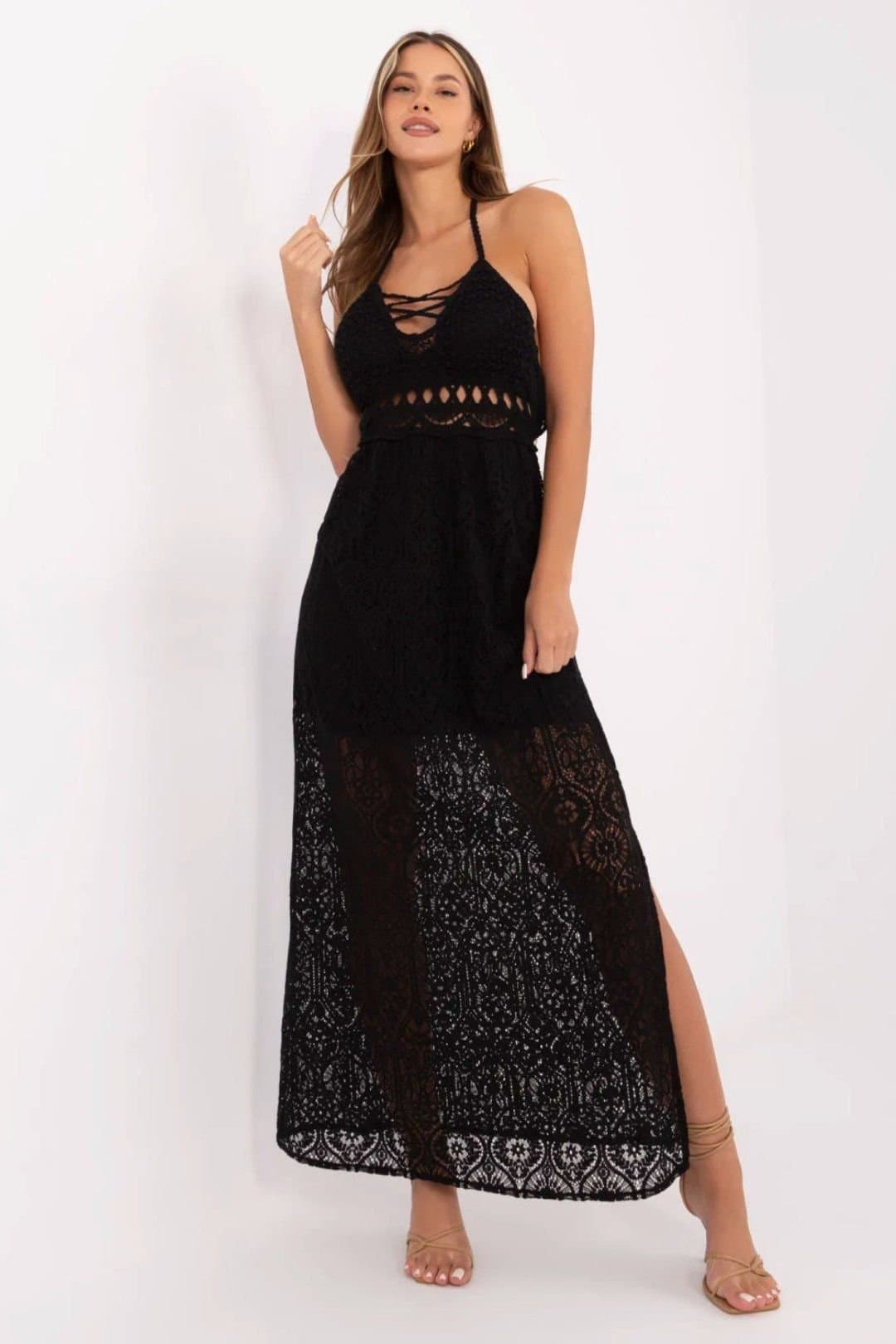 Love Lace Love Lace Women's Boho Maxi Lace Cotton Nylon Dress with Tie Neck in Black