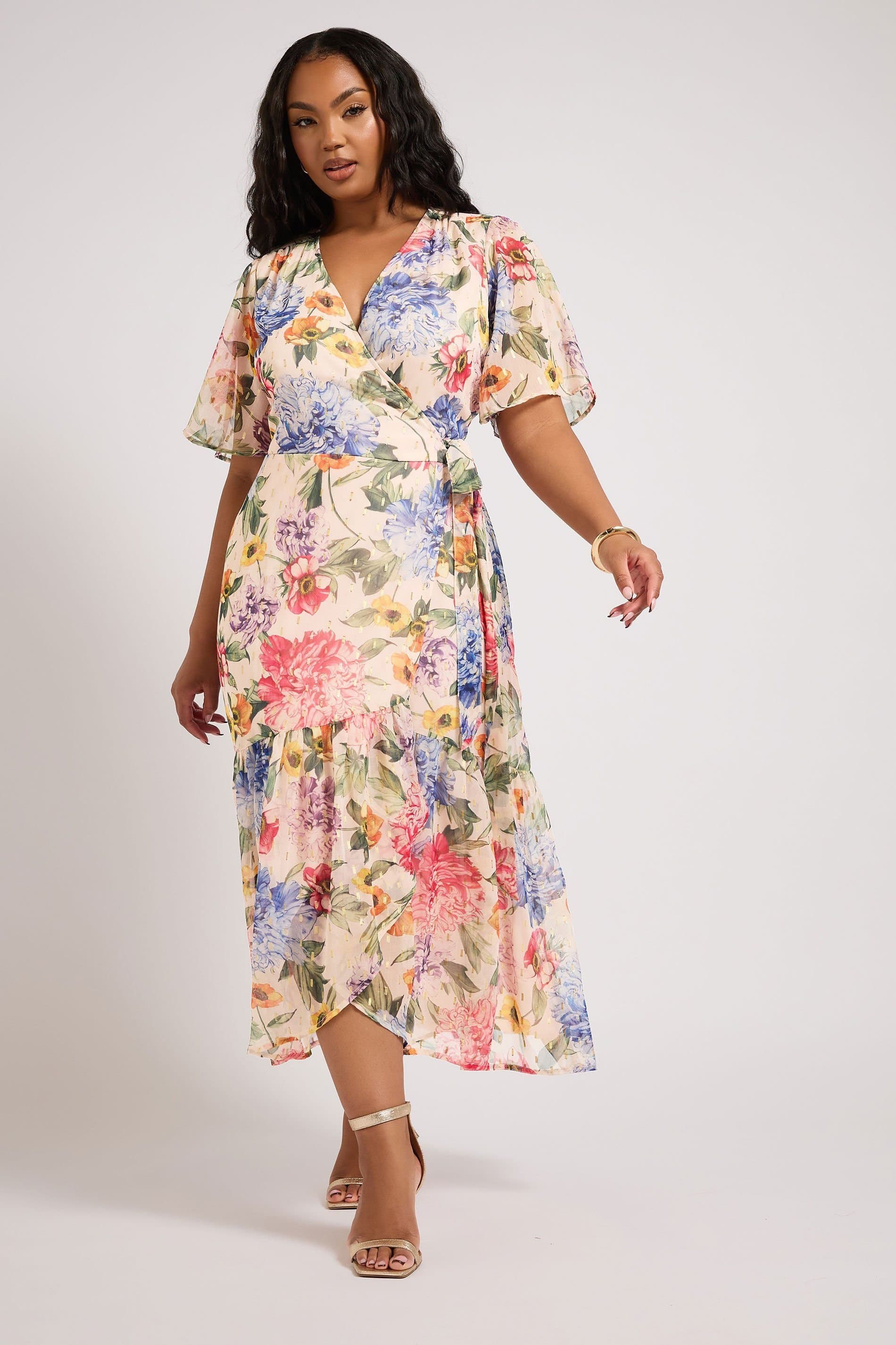 Yours Yours Women's Floral Print Metallic Wrap Dress in White