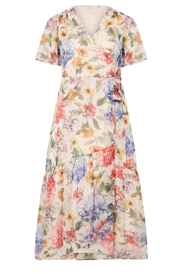 Yours Yours Women's Floral Print Metallic Wrap Dress in White - 2