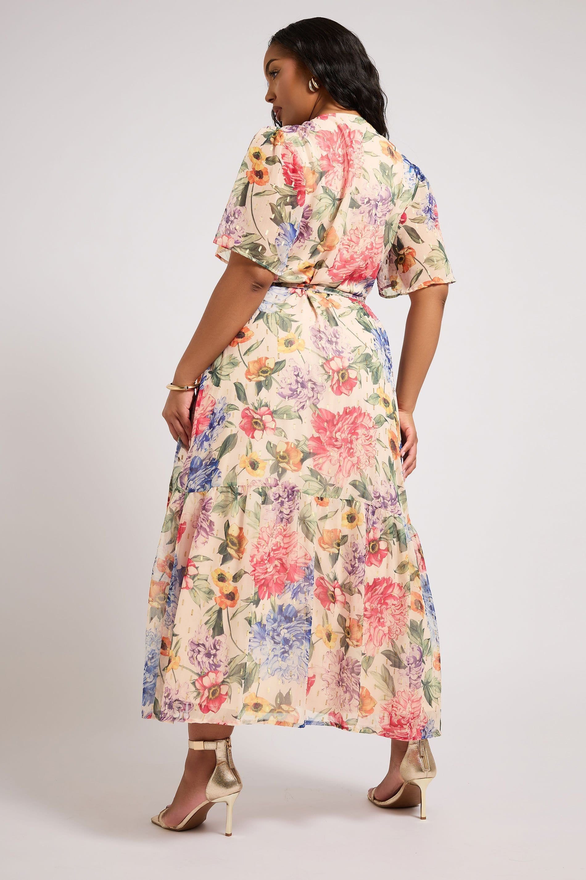 Yours Yours Women's Floral Print Metallic Wrap Dress in White - 4