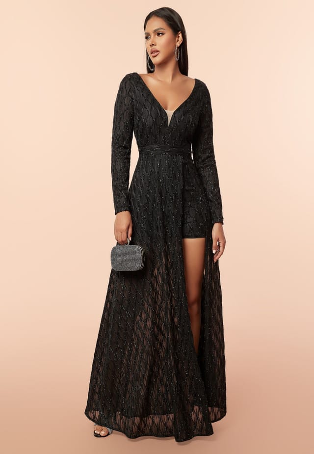 Divine Grace Divine Grace Women's Black Embellished Mesh Maxi Dress - 3