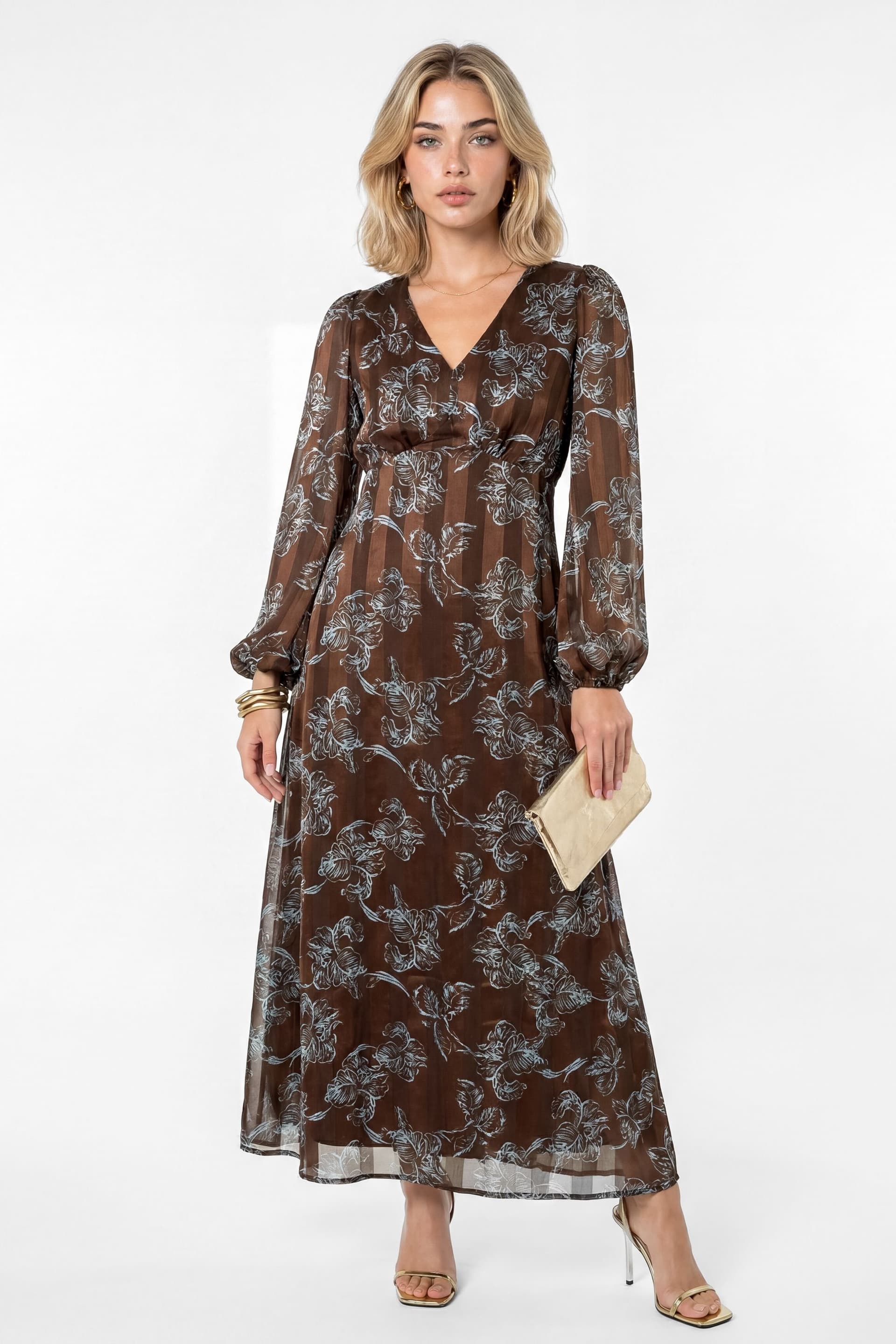 Lovedrobe Lovedrobe Women's Floral Print Burnout Satin Stripe Midaxi Dress in Brown
