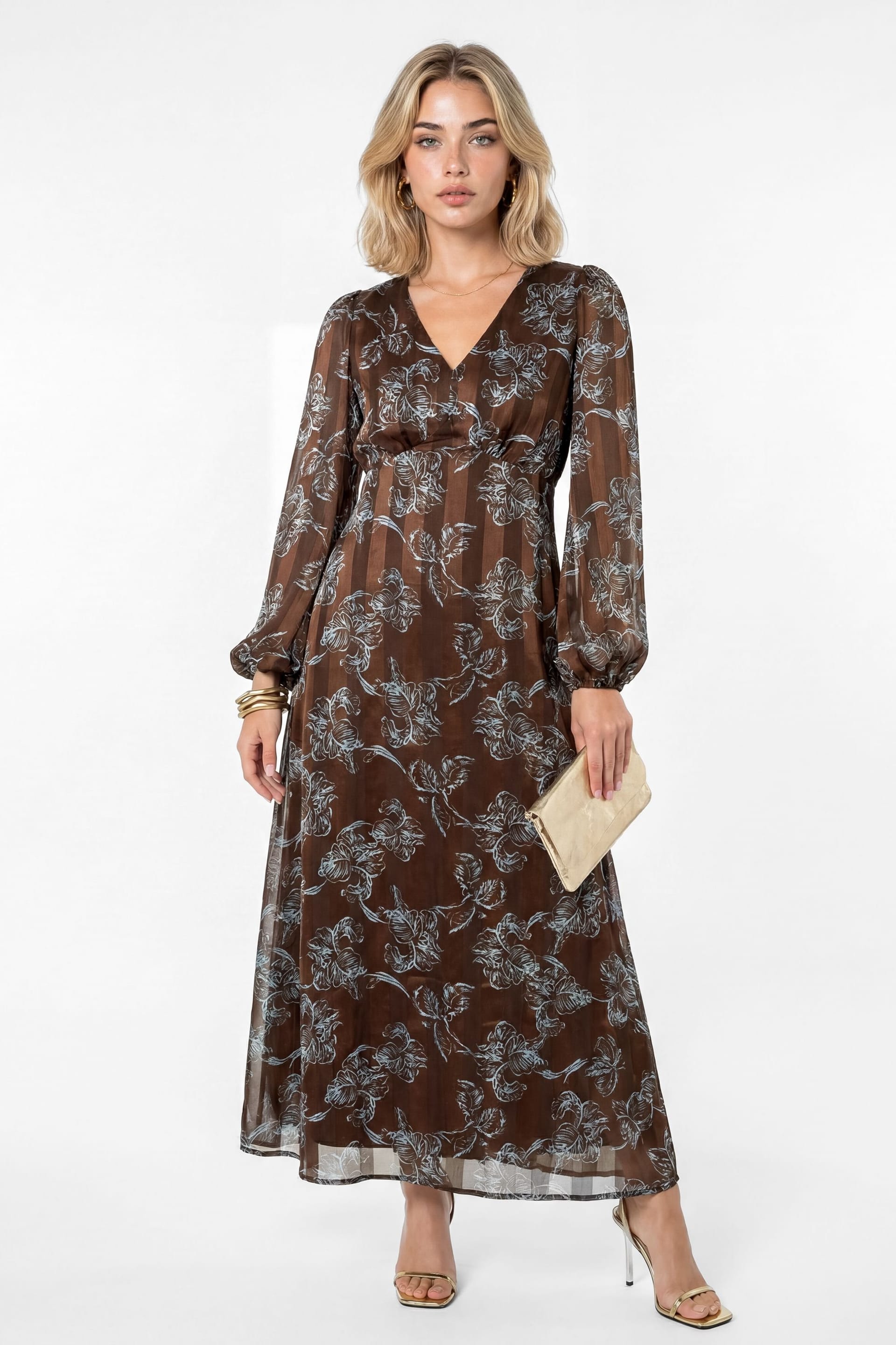 Lovedrobe Women's Floral Print Burnout Satin Stripe Midaxi Dress in Brown