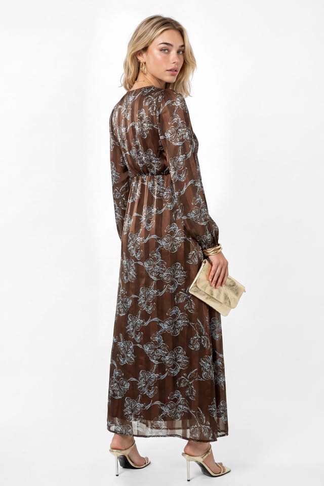 Lovedrobe Lovedrobe Women's Floral Print Burnout Satin Stripe Midaxi Dress in Brown - 2