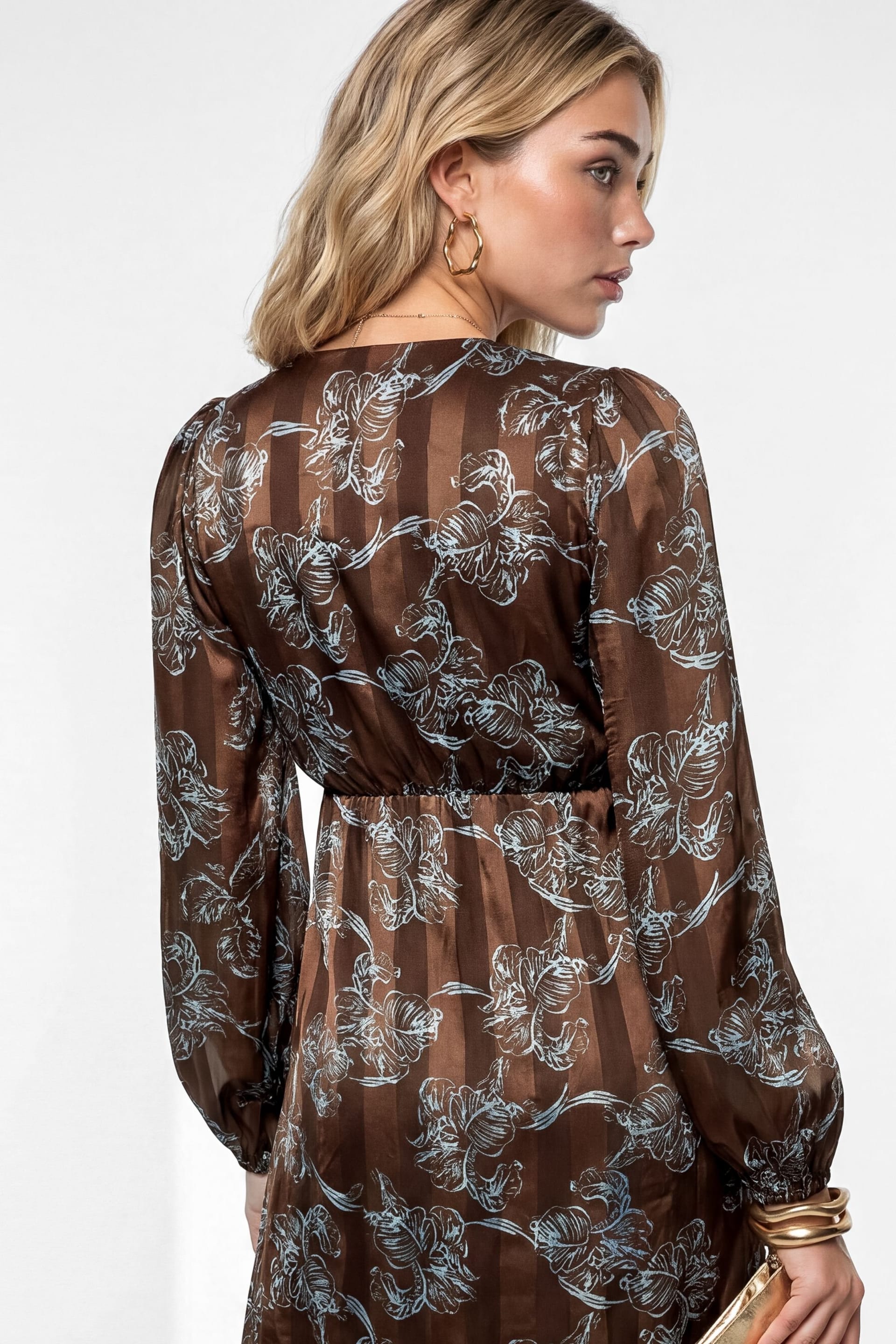 Lovedrobe Lovedrobe Women's Floral Print Burnout Satin Stripe Midaxi Dress in Brown - 4