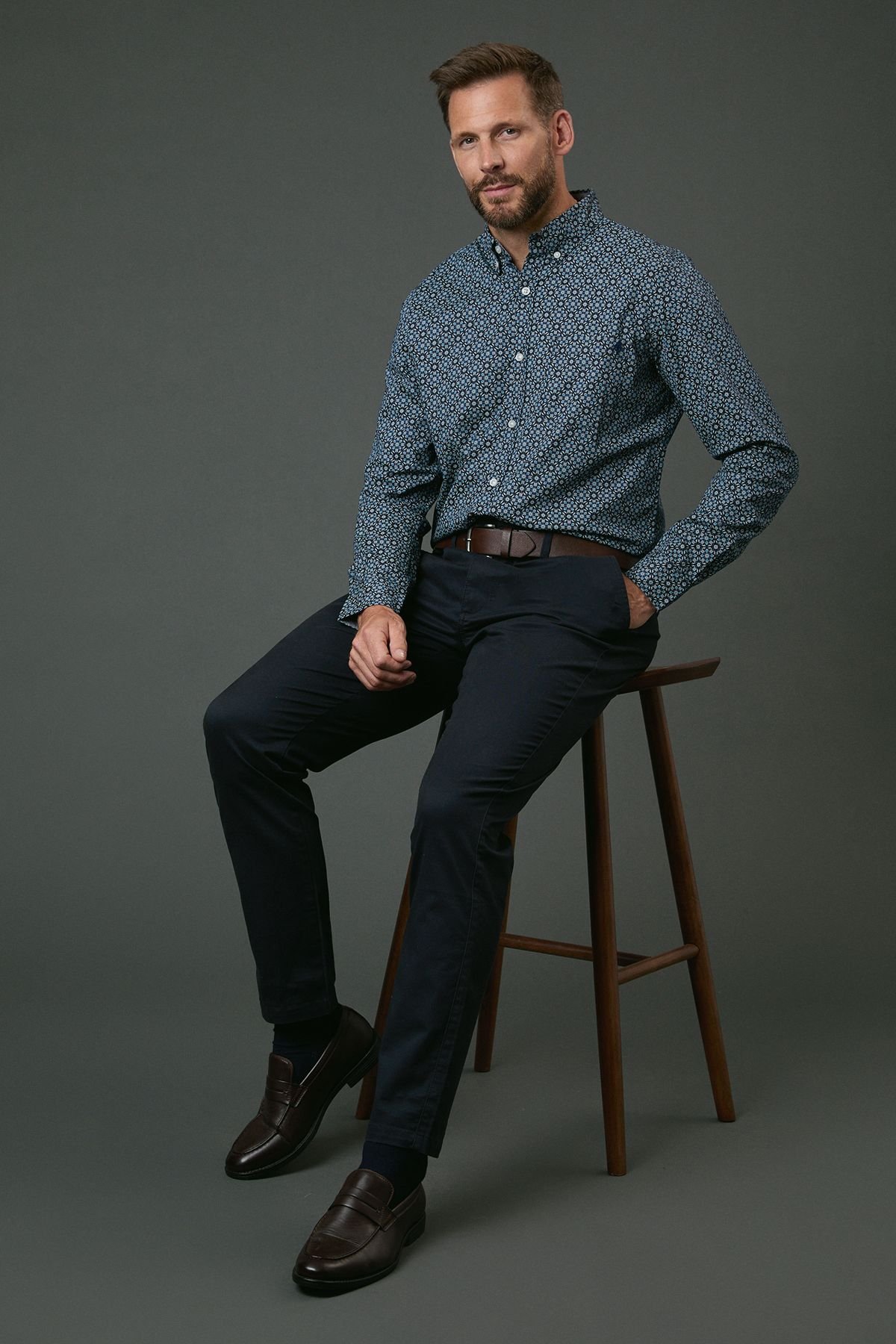 Maine Maine Men's Blue Tile Printed Long Sleeve Shirt - 1