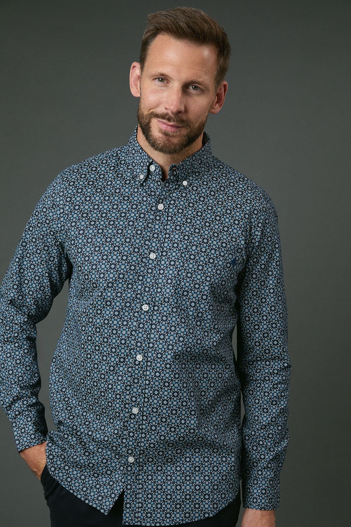 Maine Maine Men's Blue Tile Printed Long Sleeve Shirt - 4