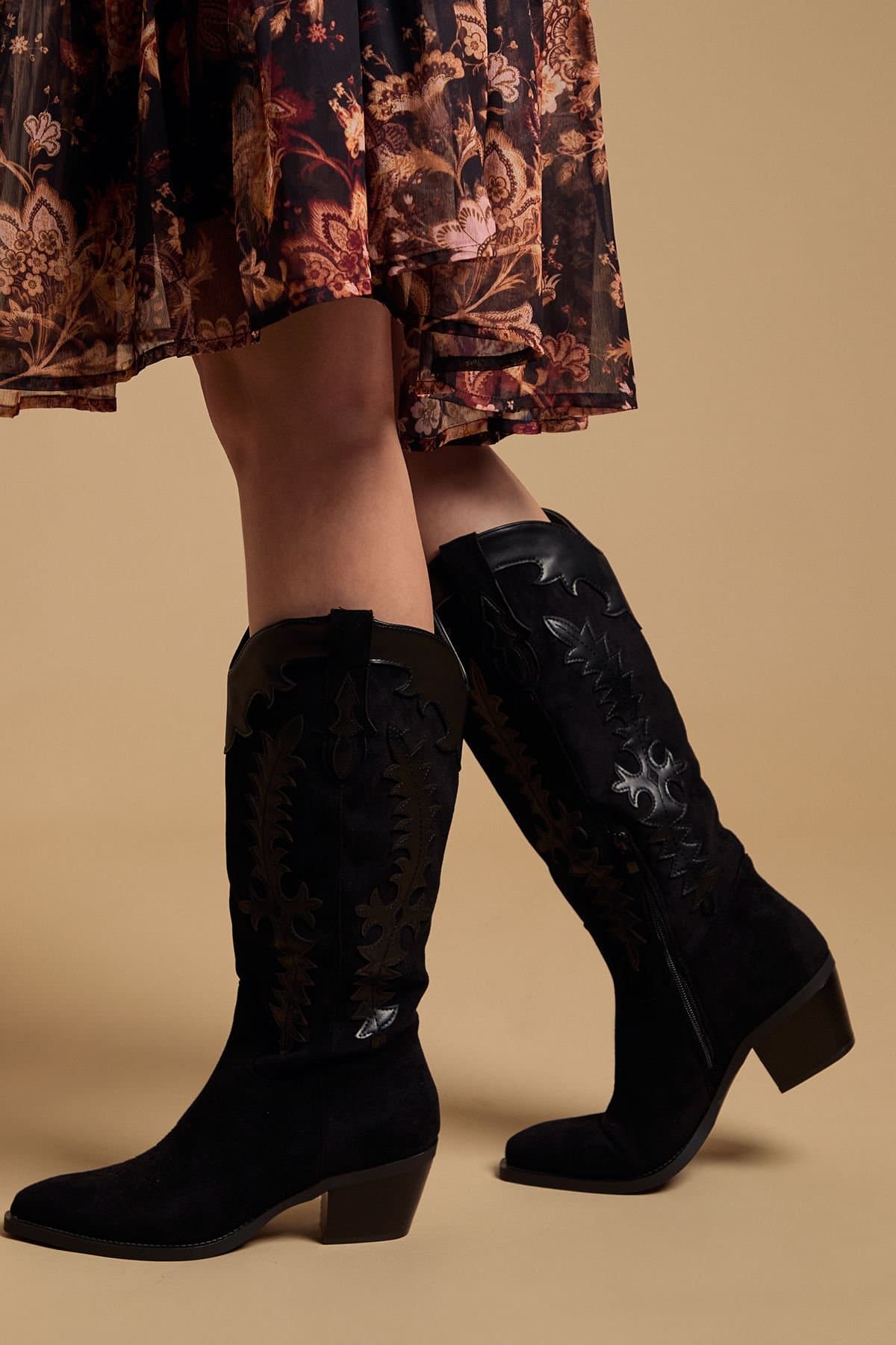 Oasis Oasis Women's Jessie Faux Suede & Leather Western Cowboy Calf Boots in Natural Black