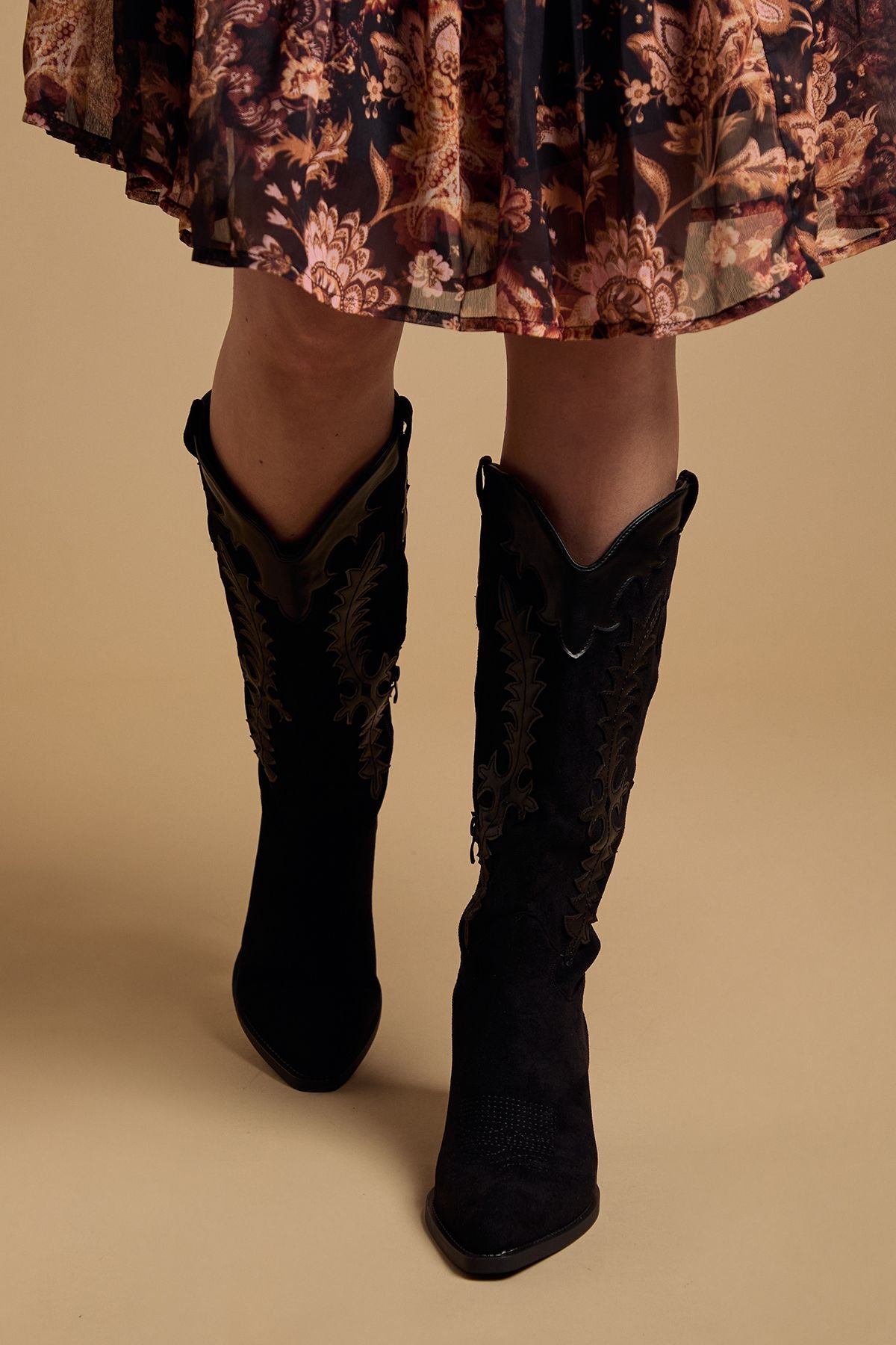 Oasis Oasis Women's Jessie Faux Suede & Leather Western Cowboy Calf Boots in Natural Black - 2