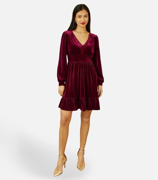Yumi Women's Burgundy Velvet Long Sleeve Skater Dress Yumi New Look - 2