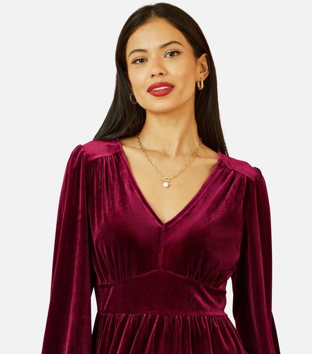 Yumi Women's Burgundy Velvet Long Sleeve Skater Dress Yumi New Look - 3
