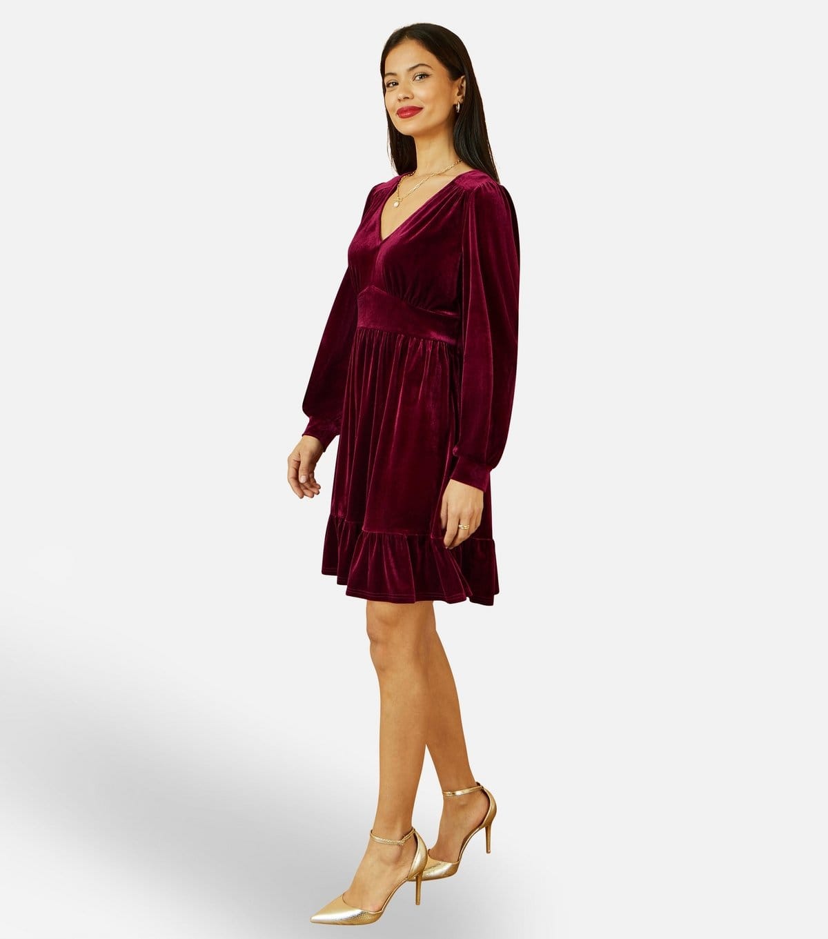 Yumi Women's Burgundy Velvet Long Sleeve Skater Dress Yumi New Look - 4