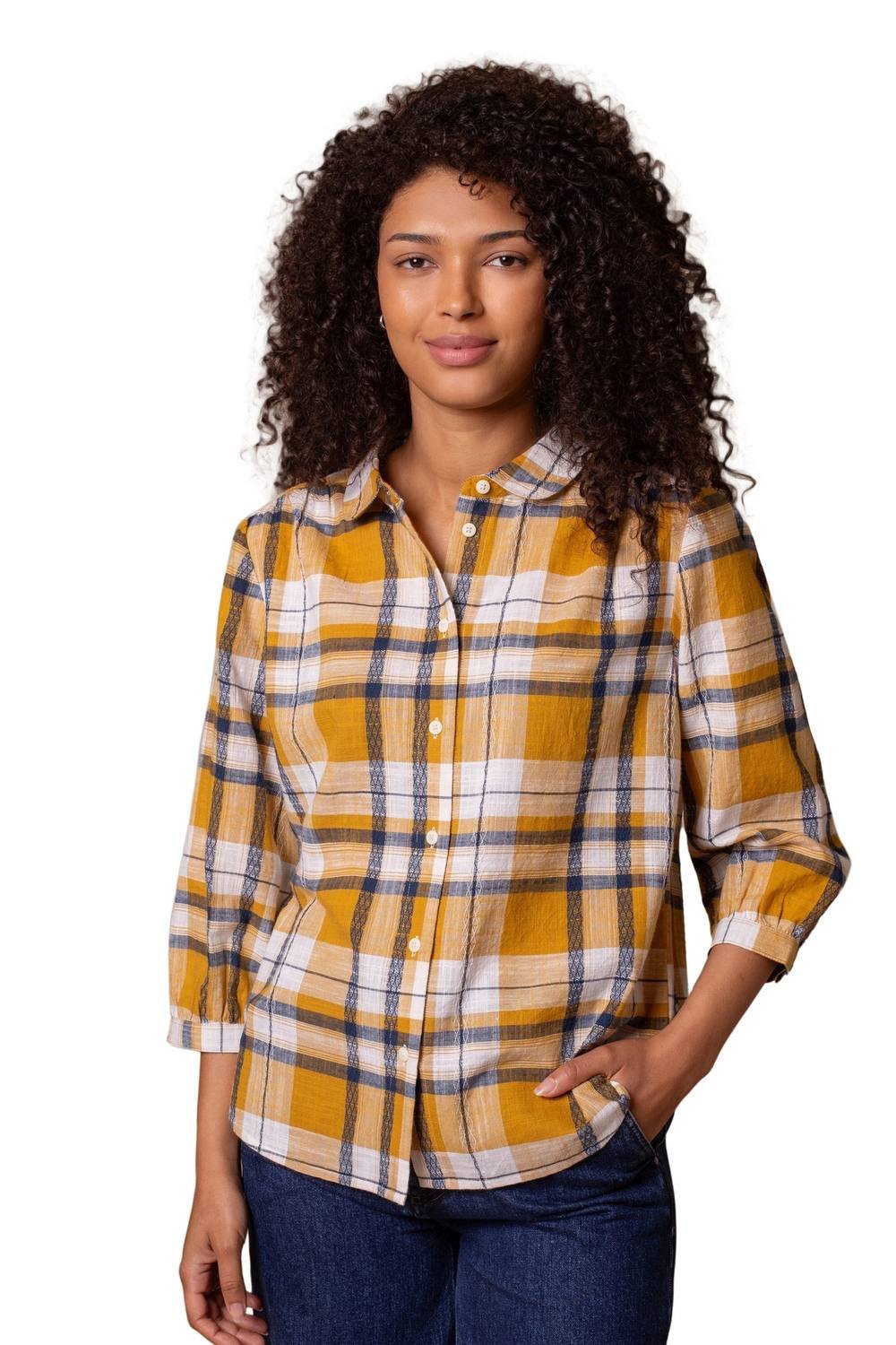Celtic & Co Celtic & Co Women's Peter Pan Collar Checked Blouse in Mustard - 2