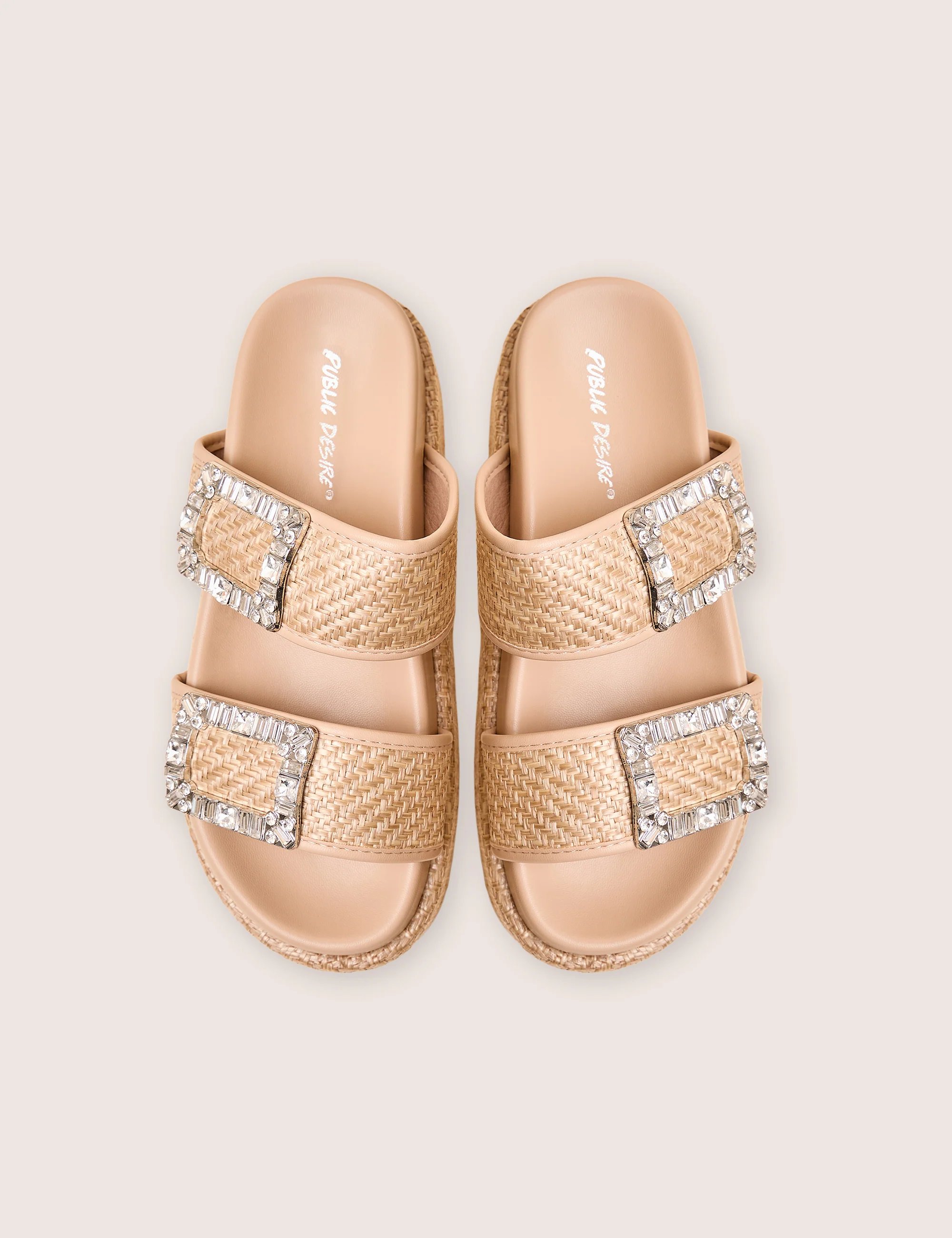 Public Desire Bettie Natural Rattan Diamante Buckle Detail Flatform Slider Sandals - 2