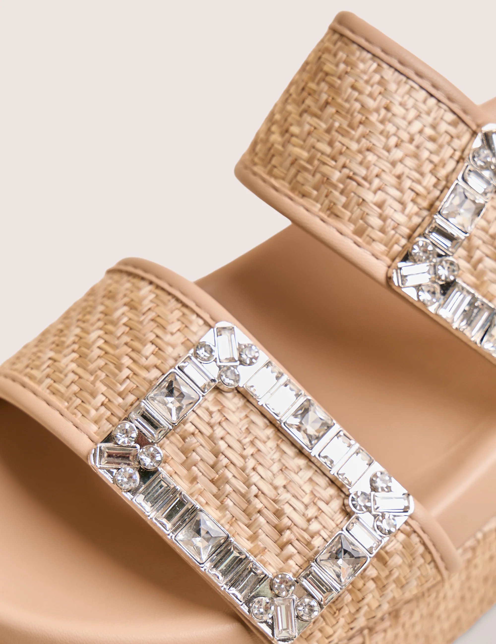 Public Desire Bettie Natural Rattan Diamante Buckle Detail Flatform Slider Sandals - 4