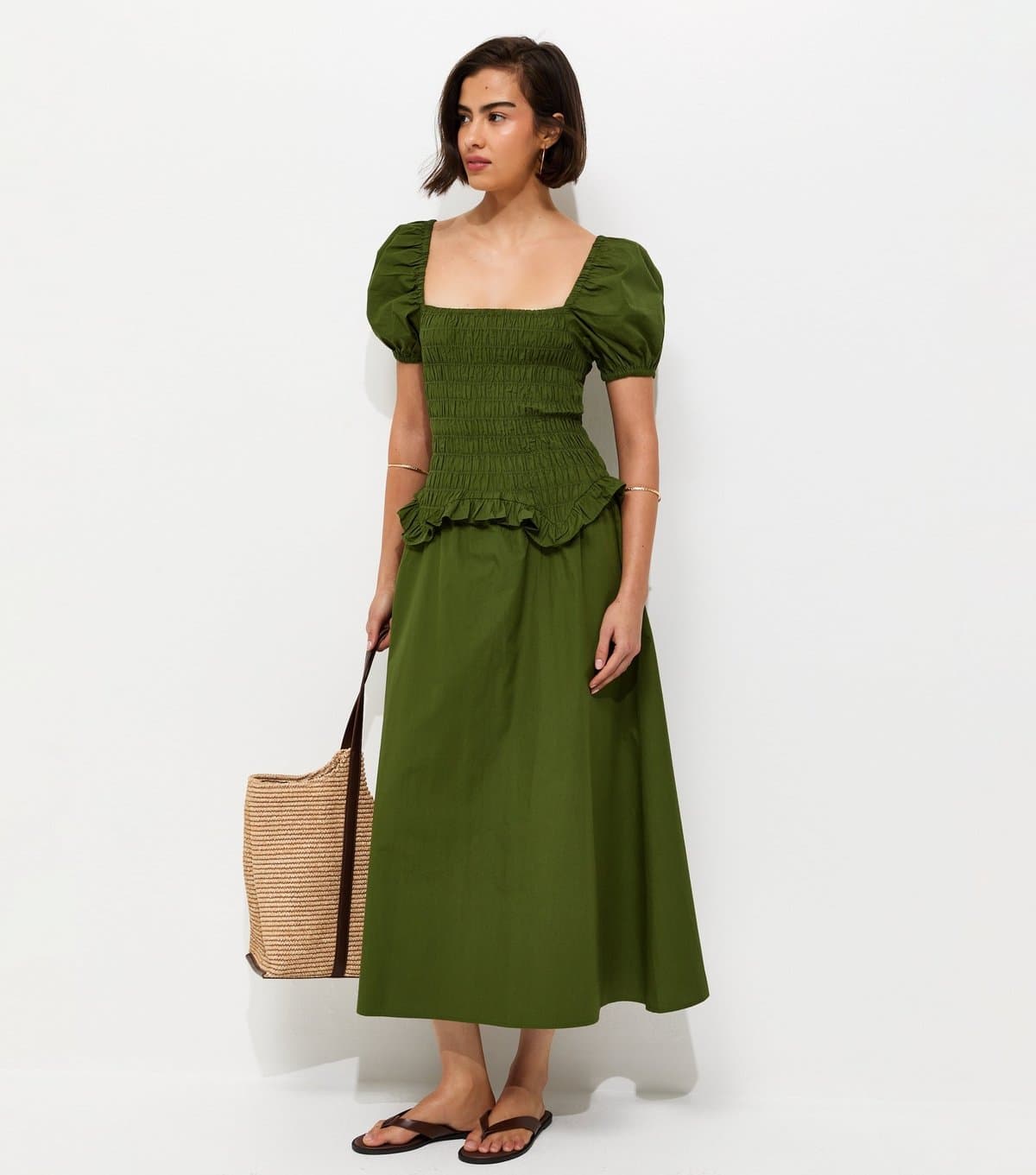 New Look Women's Dark Khaki Shirred Dropped Waist Midi Dress New Look