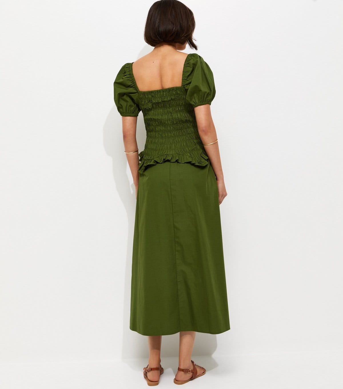 New Look Women's Dark Khaki Shirred Dropped Waist Midi Dress New Look - 4