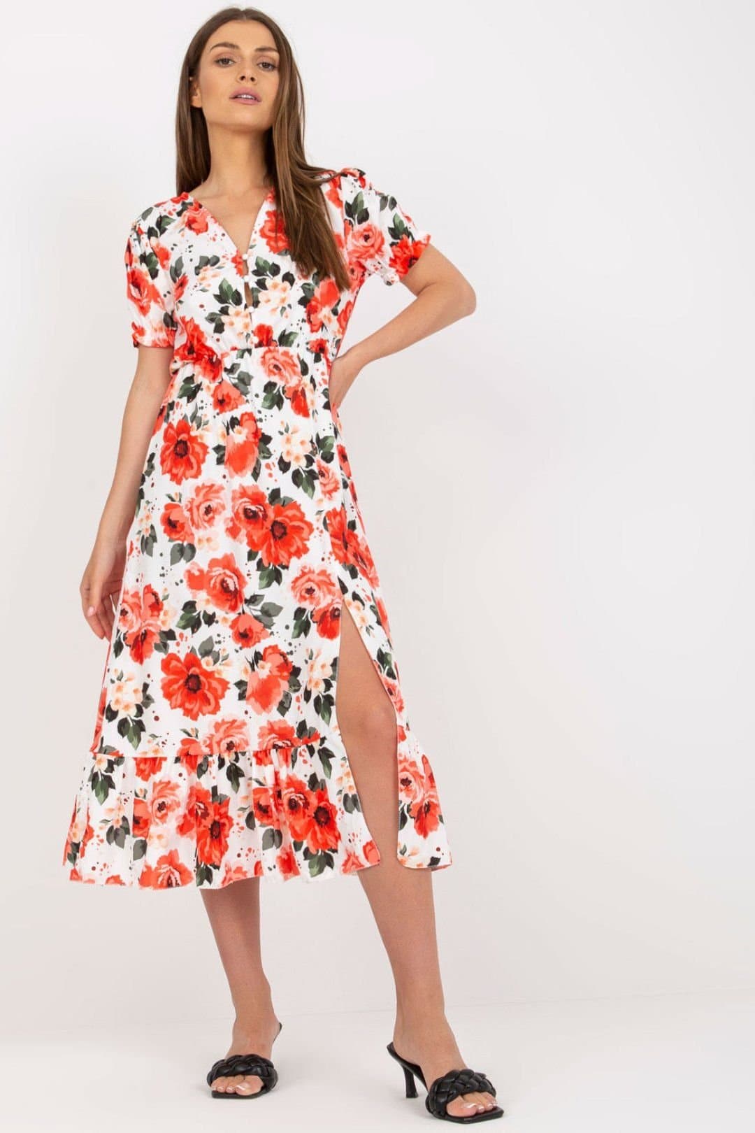 Love Lace Love Lace Women's Floral Button Front Summer Dress with Frill in Red