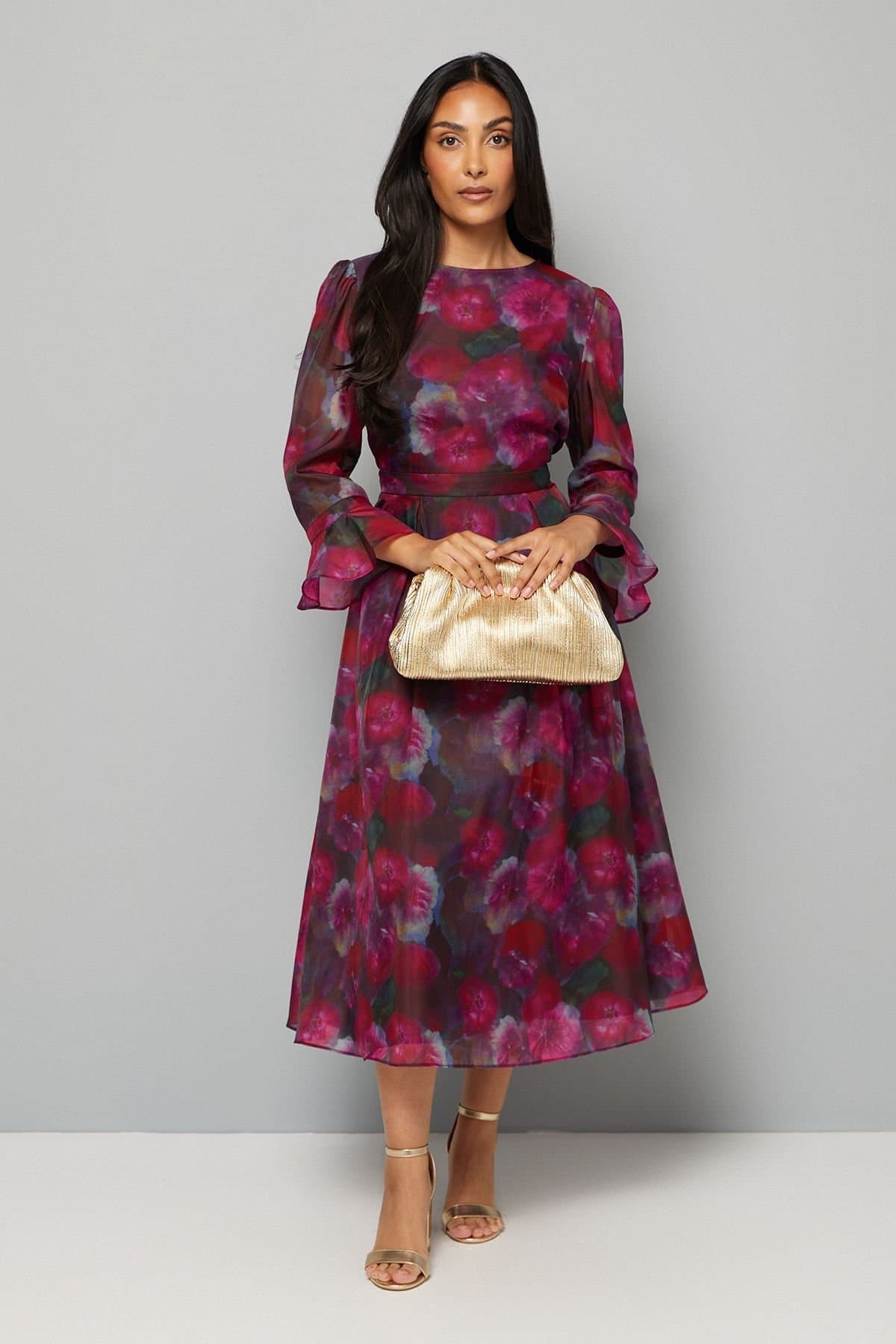 Wallis Wallis Women's Petite Floral Organza Flute Sleeve Midi Dress in Black