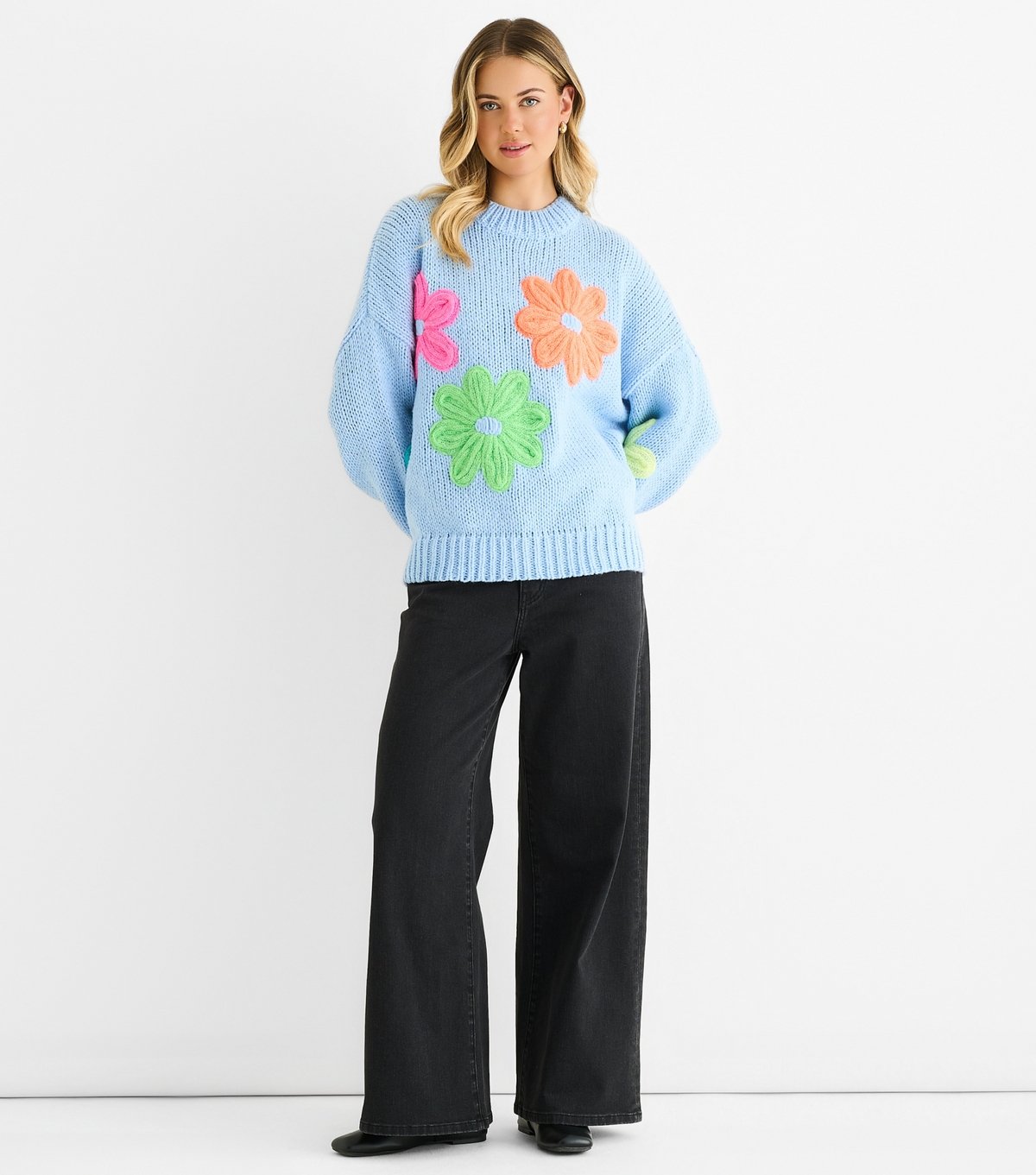 Gini London Women's Blue Contrast Floral Applique Jumper Gini London New Look - 1