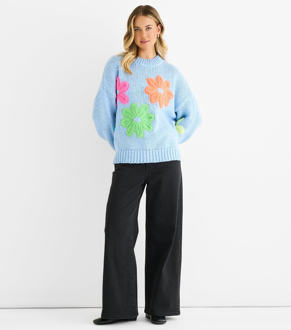 Gini London Women's Blue Contrast Floral Applique Jumper Gini London New Look