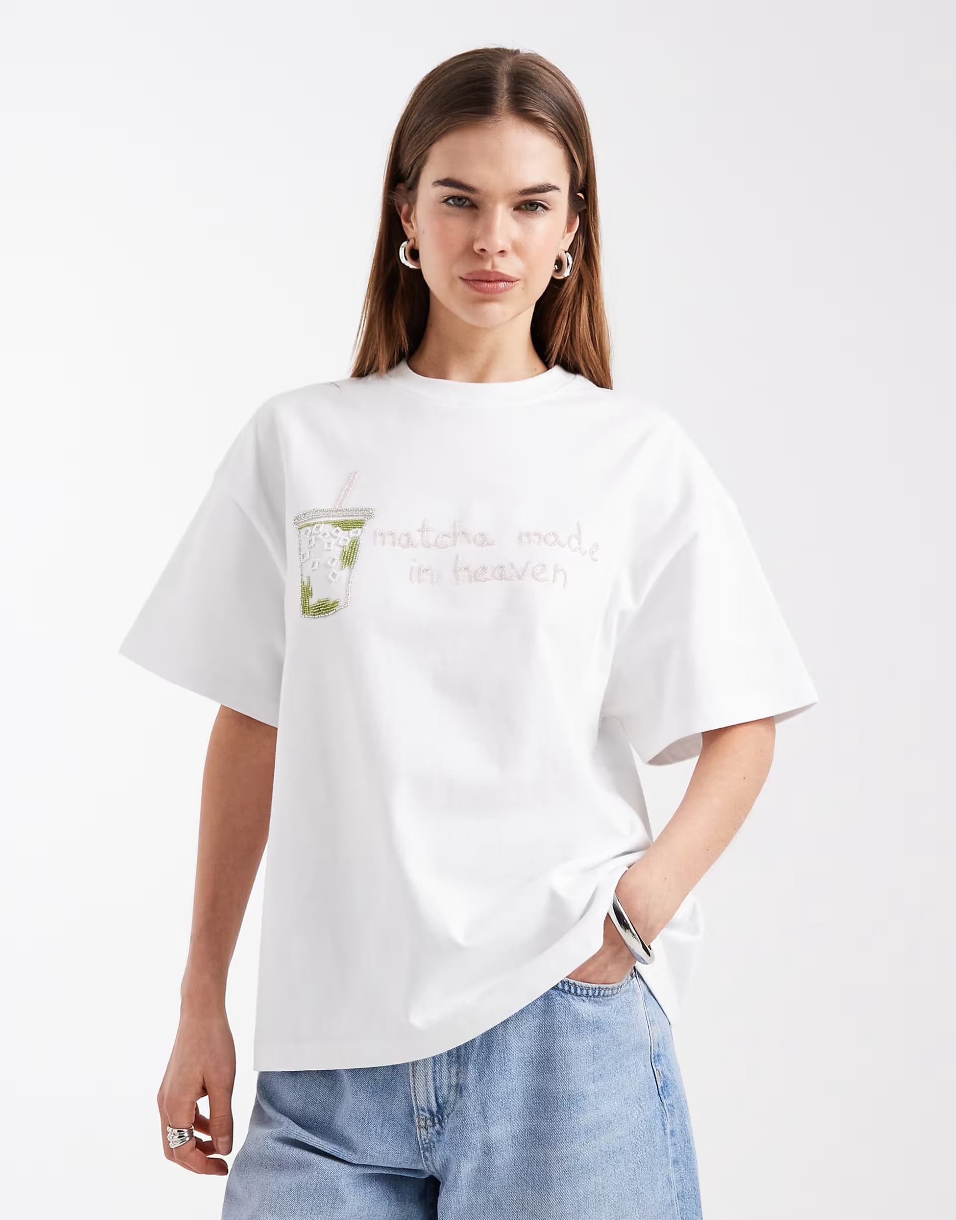 ASOS Six Stories embellished 'matcha made in heaven' oversized boxy t-shirt in white